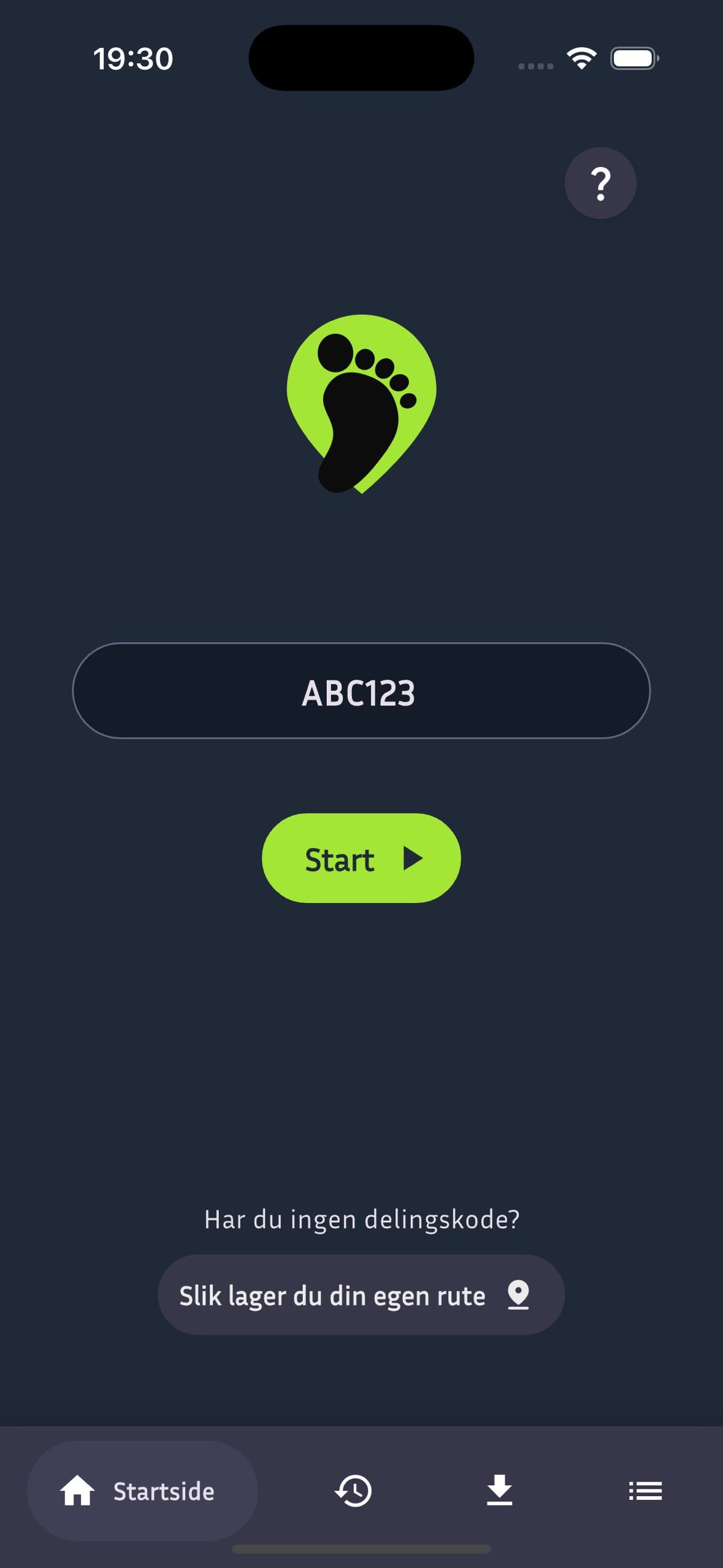 Skjermbilde av forsiden på iPhone appen hvor man kan taste inn delingskode.