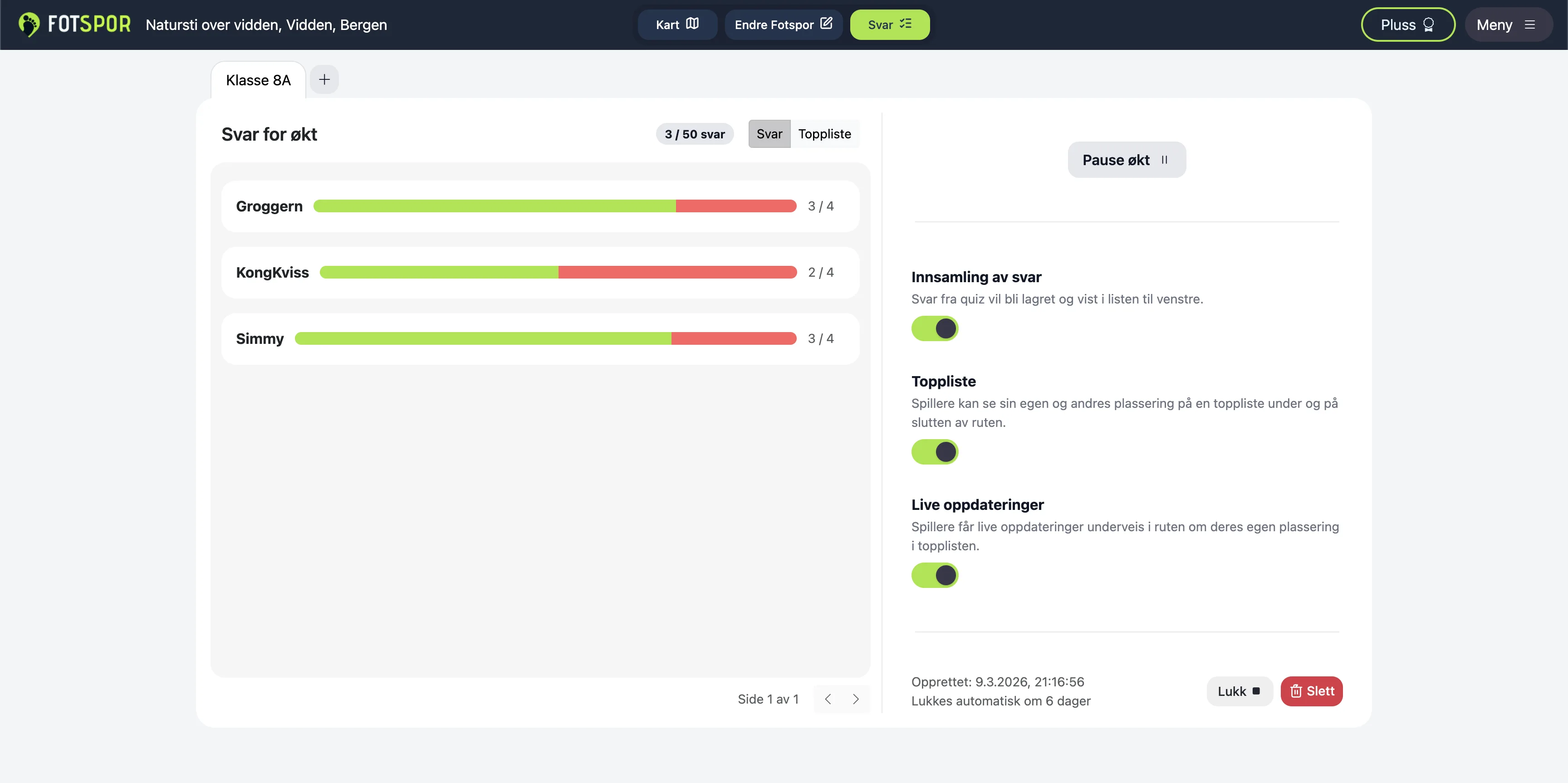 Øktskjerm med innstillinger for toppliste og live oppdateringer